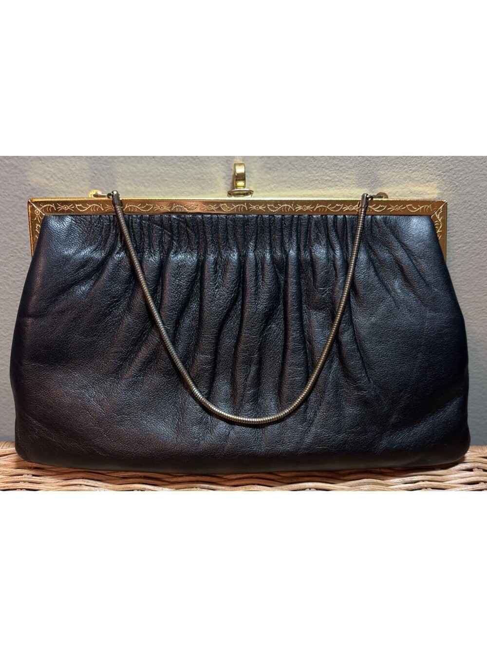 Vintage Etra Leather Clutch Purse Black Gold Frame Chain Evening Bag Women Clean